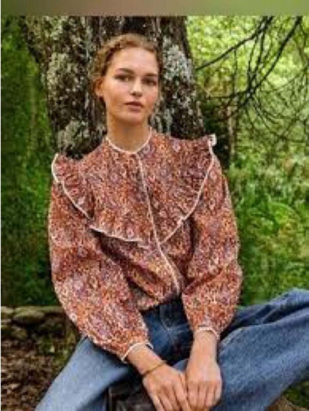 Sonmer Dorothy Orange Paisley
Ruffle Button Up Peasant Blouse
Long Sleeve Shirt